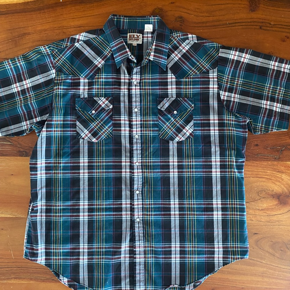 Ely Cattleman Men's Blue and Green Plaid pearl‎ snap Shirt XXL